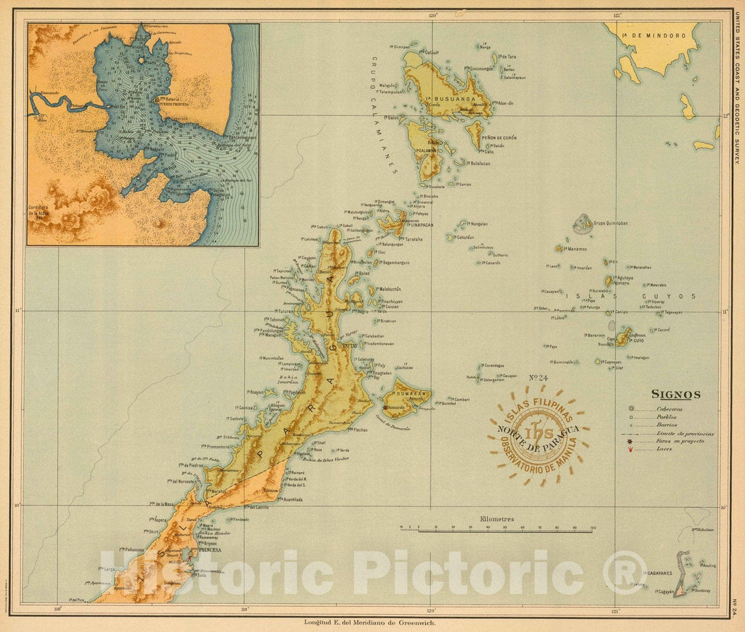 Historic Wall Map : Philippines, 1899 No. 24. Norte de Paragua. , Vintage Wall Art