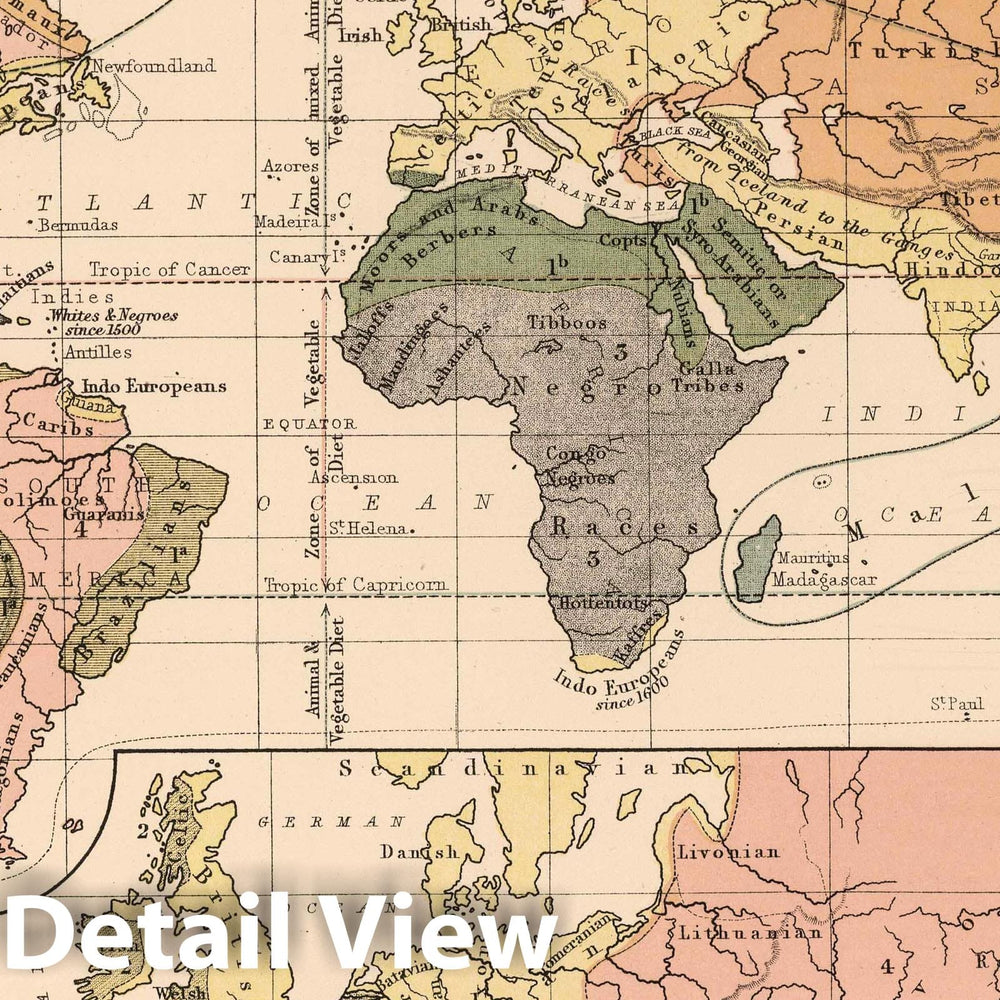 Historic Map : 1852 Ethnographic Map of the World Showing the Present Distribution of the Leading Races of Man. - Vintage Wall Art