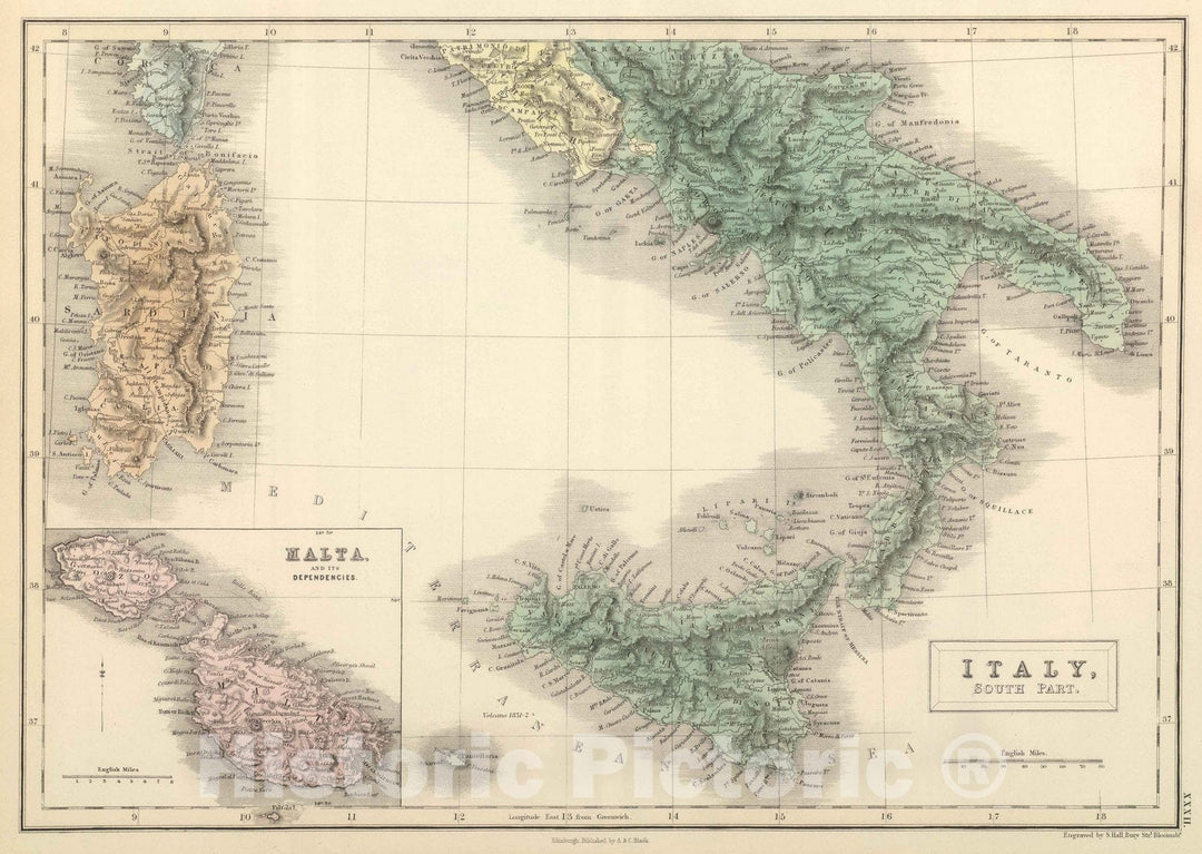 Historic Map : 1854 Italy, South Part. - Vintage Wall Art