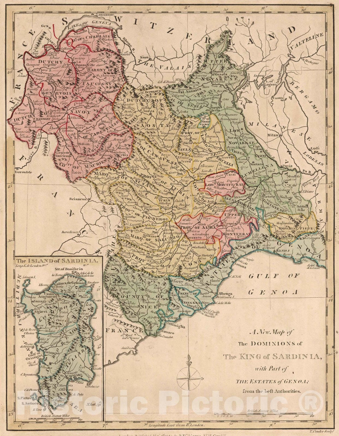 Historic Map : 1794 A New Map of the Dominions of the King of Sardinia with Part of the Estates of Genoa. v2 - Vintage Wall Art