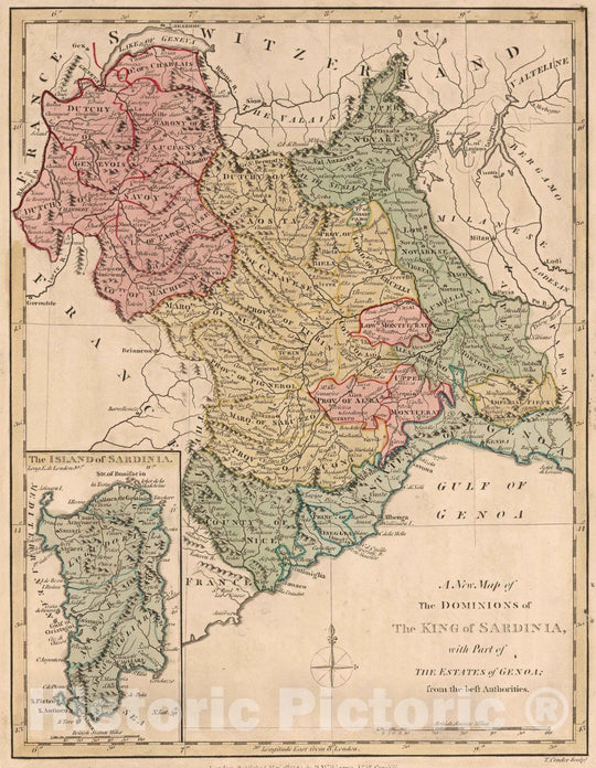 Historic Map : 1794 A New Map of the Dominions of the King of Sardinia with Part of the Estates of Genoa. v2 - Vintage Wall Art