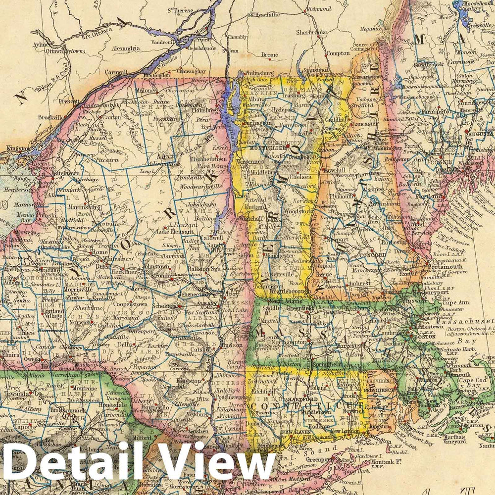 Historic Map : 1857 States Of Maine, New Hampshire, Vermont, Massachusetts, Rhode Island, Connecticut, New York, Pennsylvania, And New Jersey. - Vintage Wall Art