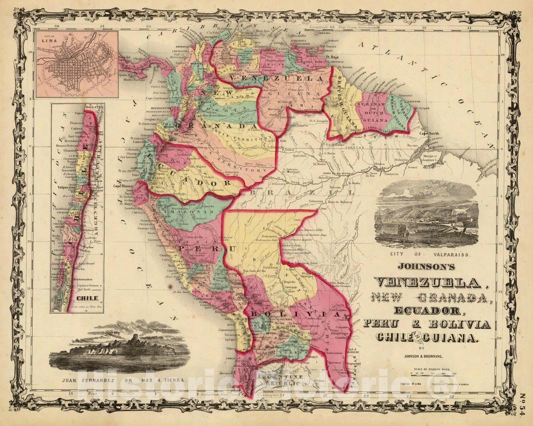 Historic Map : 1860 Venezuela, New Granada, Ecuador, Peru & Bolivia Chile And Guiana. - Vintage Wall Art