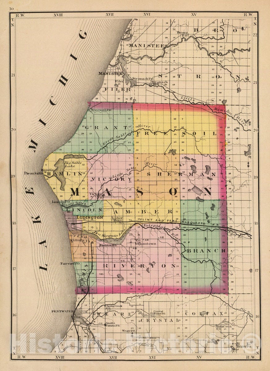 Historic Map : 1873 (Map of Mason County, Michigan) - Vintage Wall Art