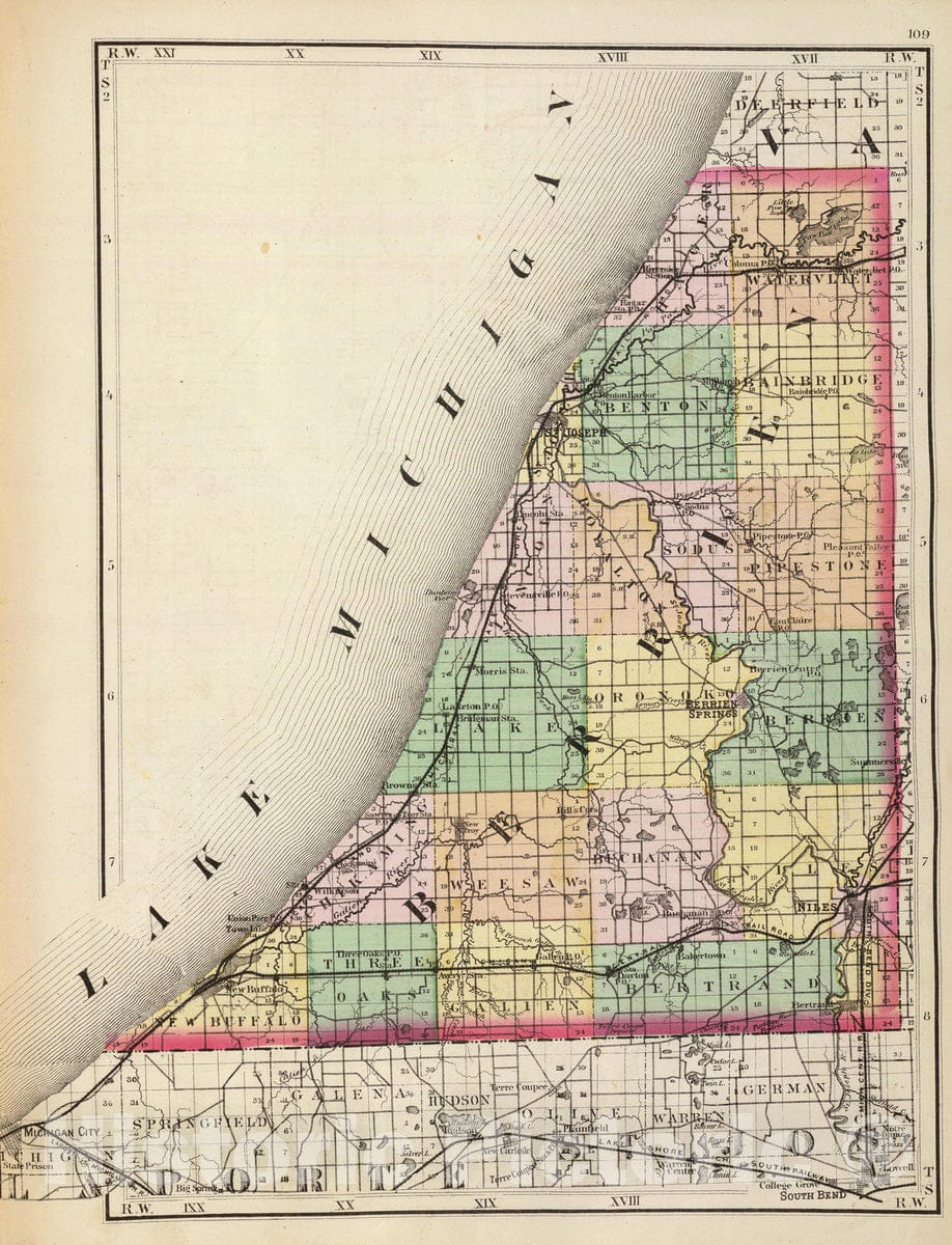 Historic Map : 1873 (Map of Berrien County, Michigan) - Vintage Wall Art