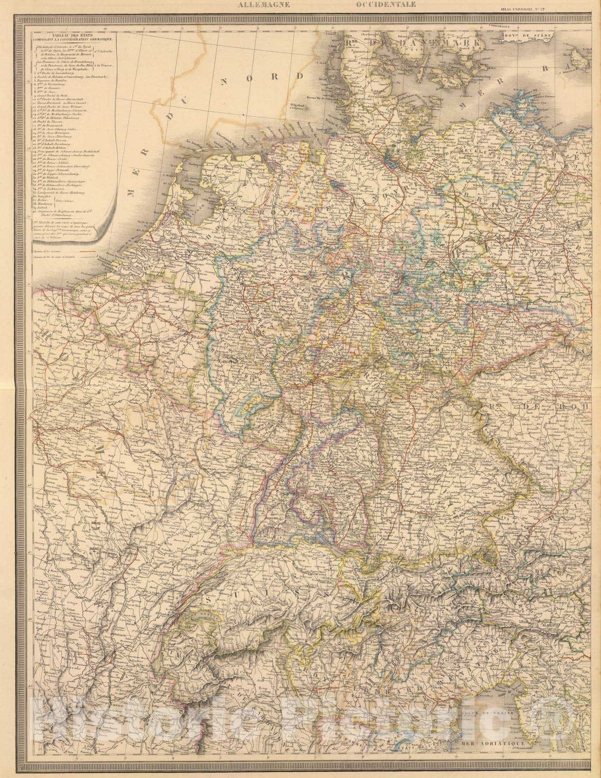 Historic Map : Germany; Switzerland, Europe, Central 1849 Allemagne occidentale. , Vintage Wall Art