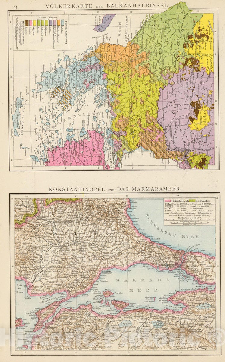 Historic Map : Greece; Turkey, Balkan Peninsula 1881 Volkerkarte Balkanhalbinsel, Konstantinopel, Marmarameer. , Vintage Wall Art