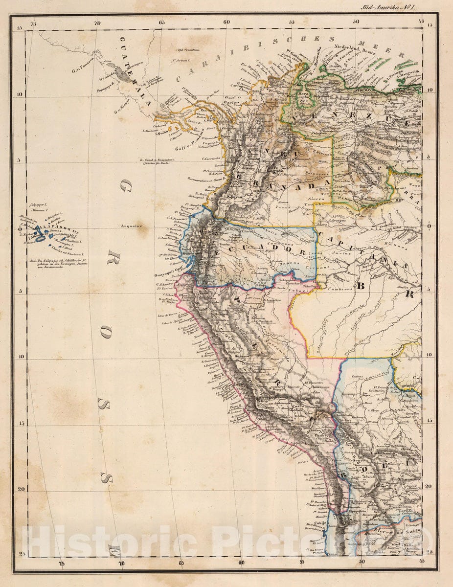 Historic Map : Colombia; Peru, , South America 1855 Sud-America I. , Vintage Wall Art