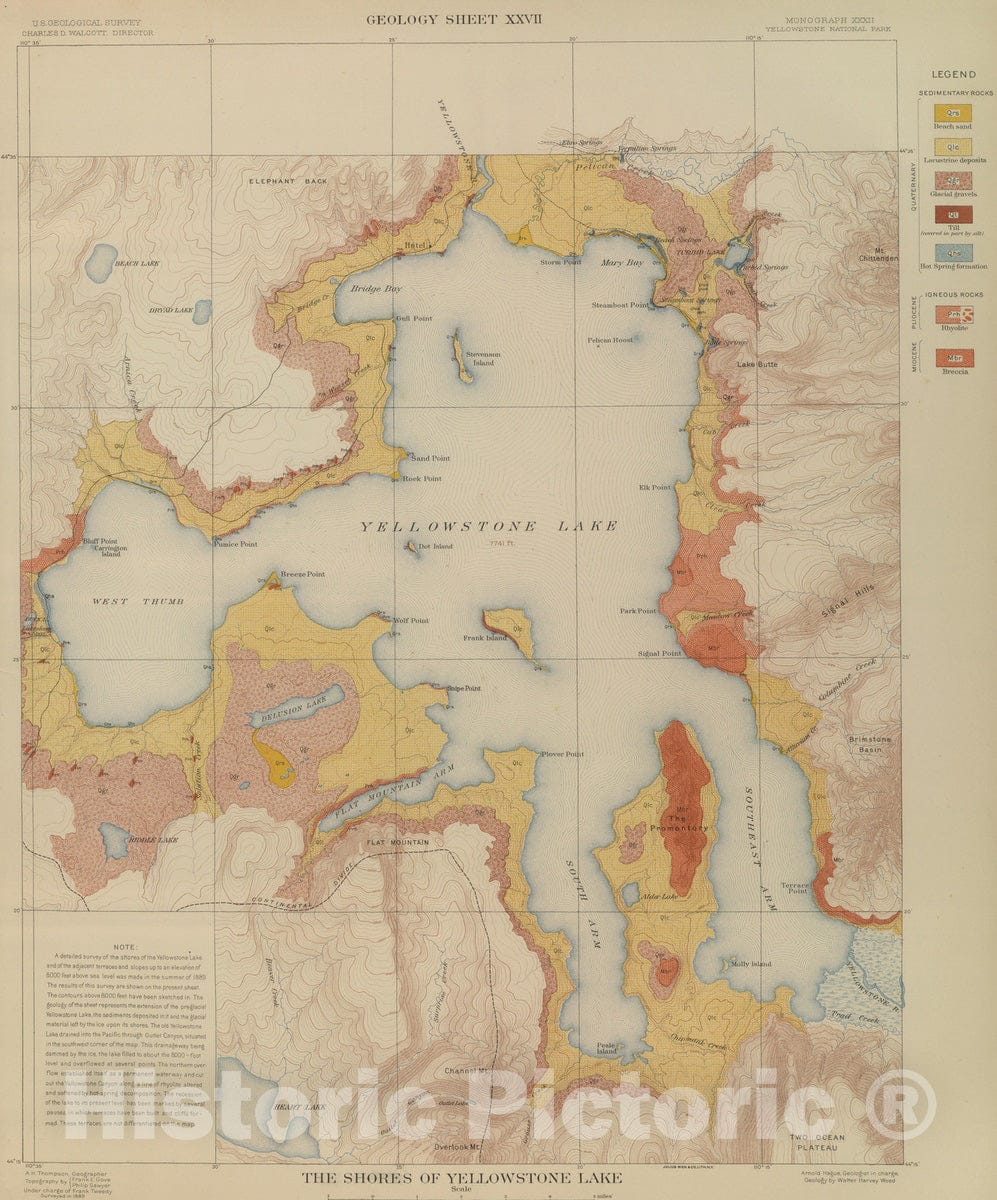 Historic Map : Geologic Atlas - 1904 The Shores of Yellowstone Lake. - Vintage Wall Art