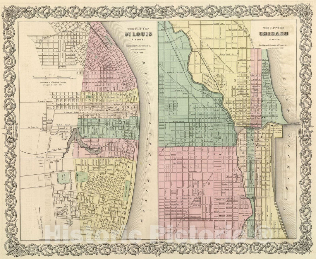 Historic Map : National Atlas - 1857 City of St. Louis, Missouri. Cityof Chicago, Illinois. - Vintage Wall Art