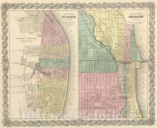 Historic Map : National Atlas - 1857 City of St. Louis, Missouri. Cityof Chicago, Illinois. - Vintage Wall Art