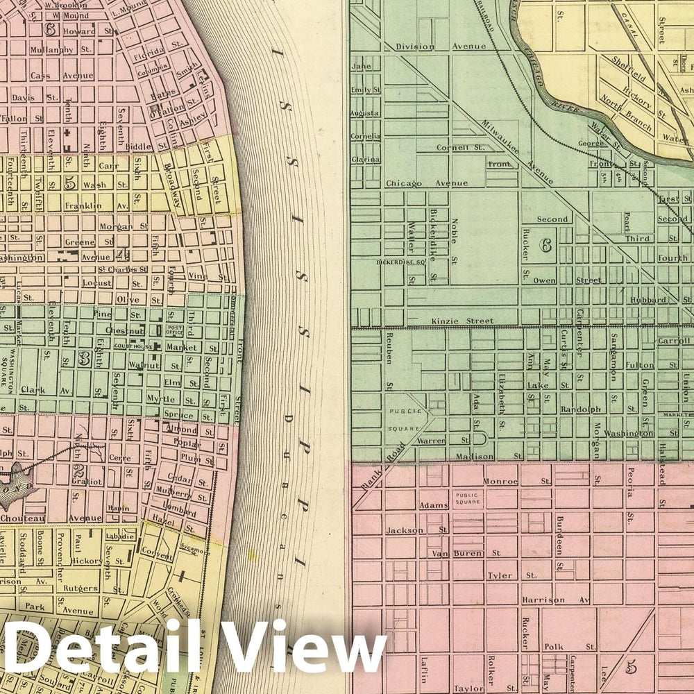 Historic Map : National Atlas - 1857 City of St. Louis, Missouri. Cityof Chicago, Illinois. - Vintage Wall Art