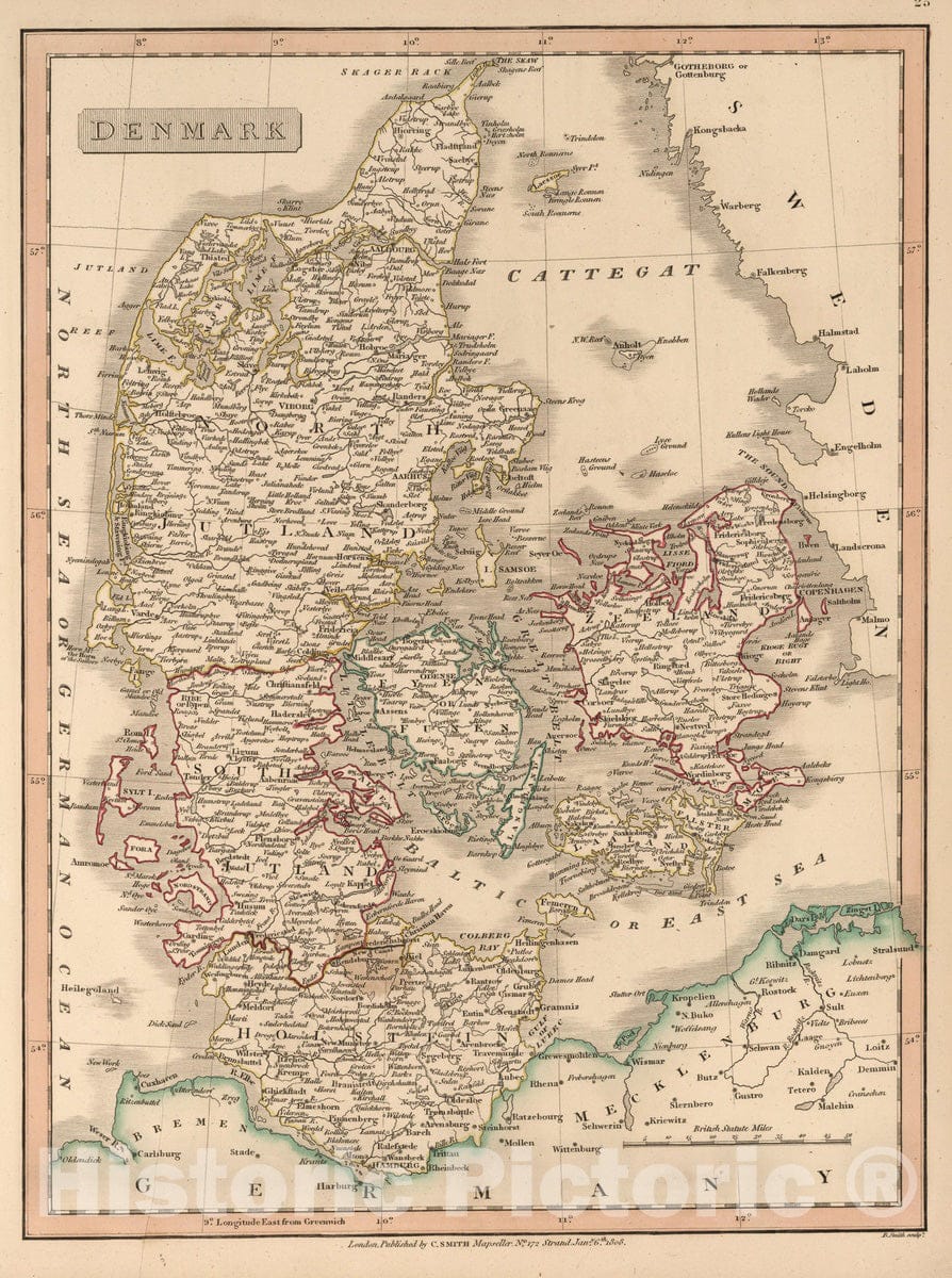 Historic Map : 1808 Denmark. - Vintage Wall Art