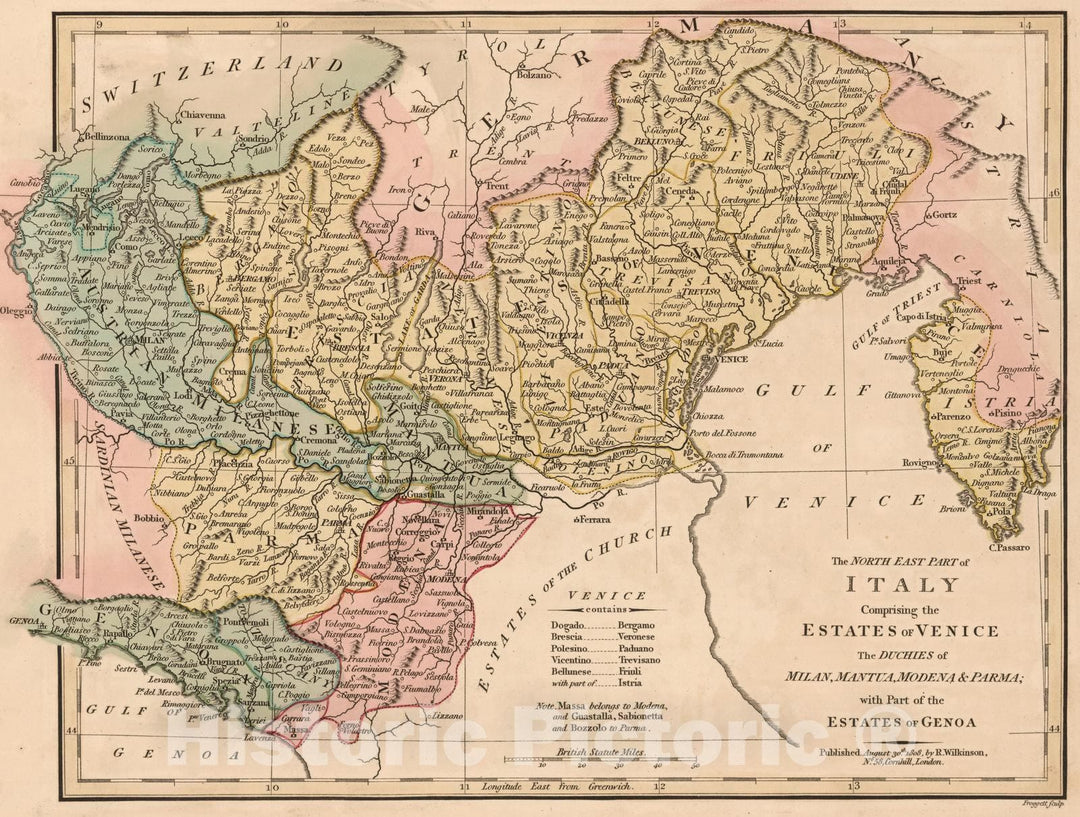 Historic Map : 1808 The North East Part of Italy Comprising the Estates of Venice. - Vintage Wall Art