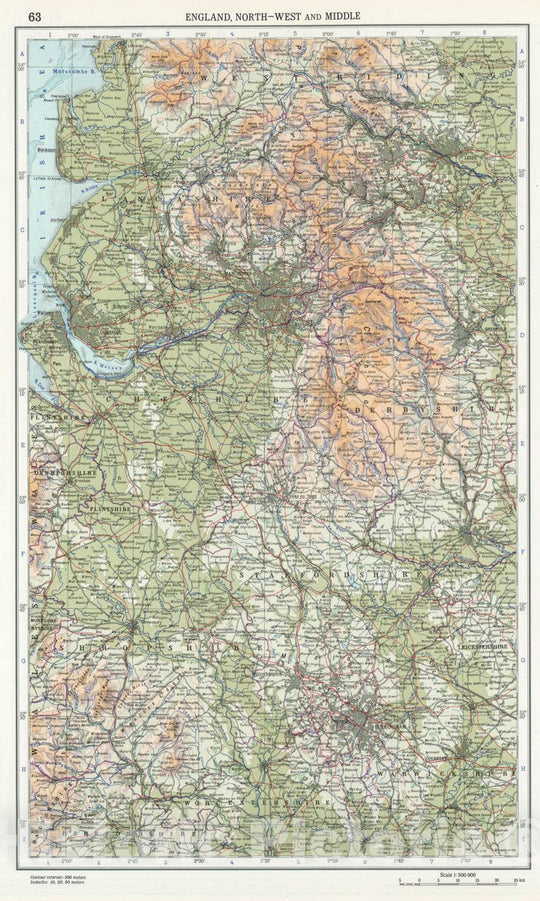 Historic Map : 1967 63. England, North-West and Middle. The World Atlas. - Vintage Wall Art