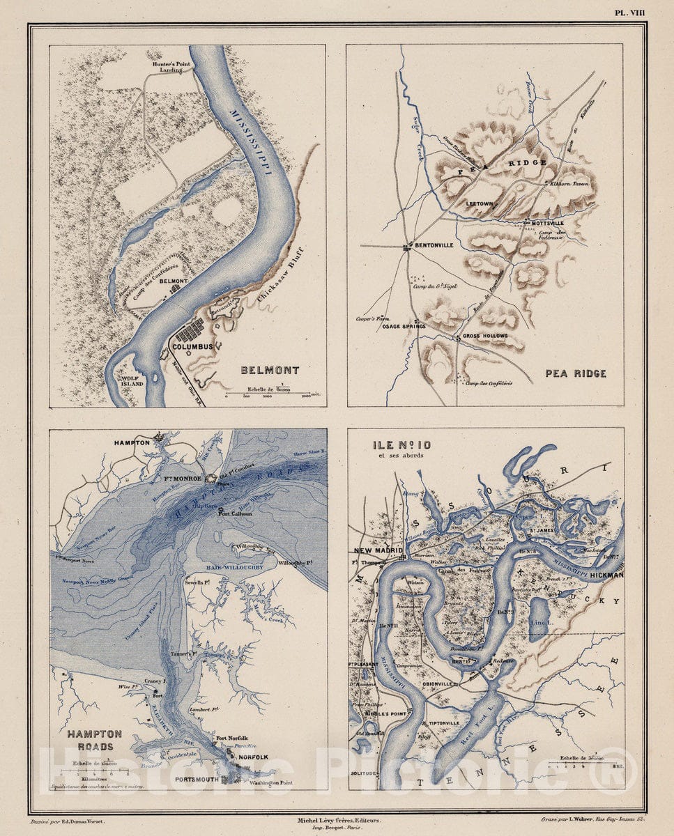 Historic Map : Military Atlas - 1874 Planche VIII. Belmont. Pea Ridge. Hampton Road. Ise. No. 10. - Vintage Wall Art