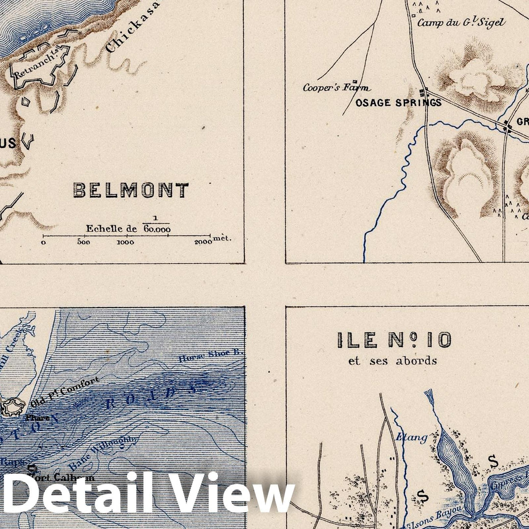 Historic Map : Military Atlas - 1874 Planche VIII. Belmont. Pea Ridge. Hampton Road. Ise. No. 10. - Vintage Wall Art