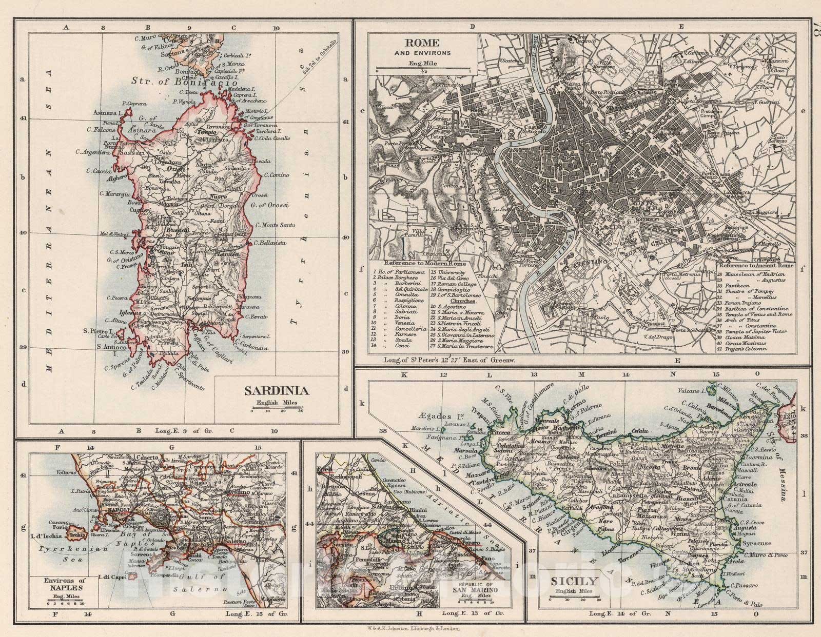 Historic Map : 1906 Sardinia. Rome and Environs. Environs of Naples. Republic of San Marino. Sicily. - Vintage Wall Art