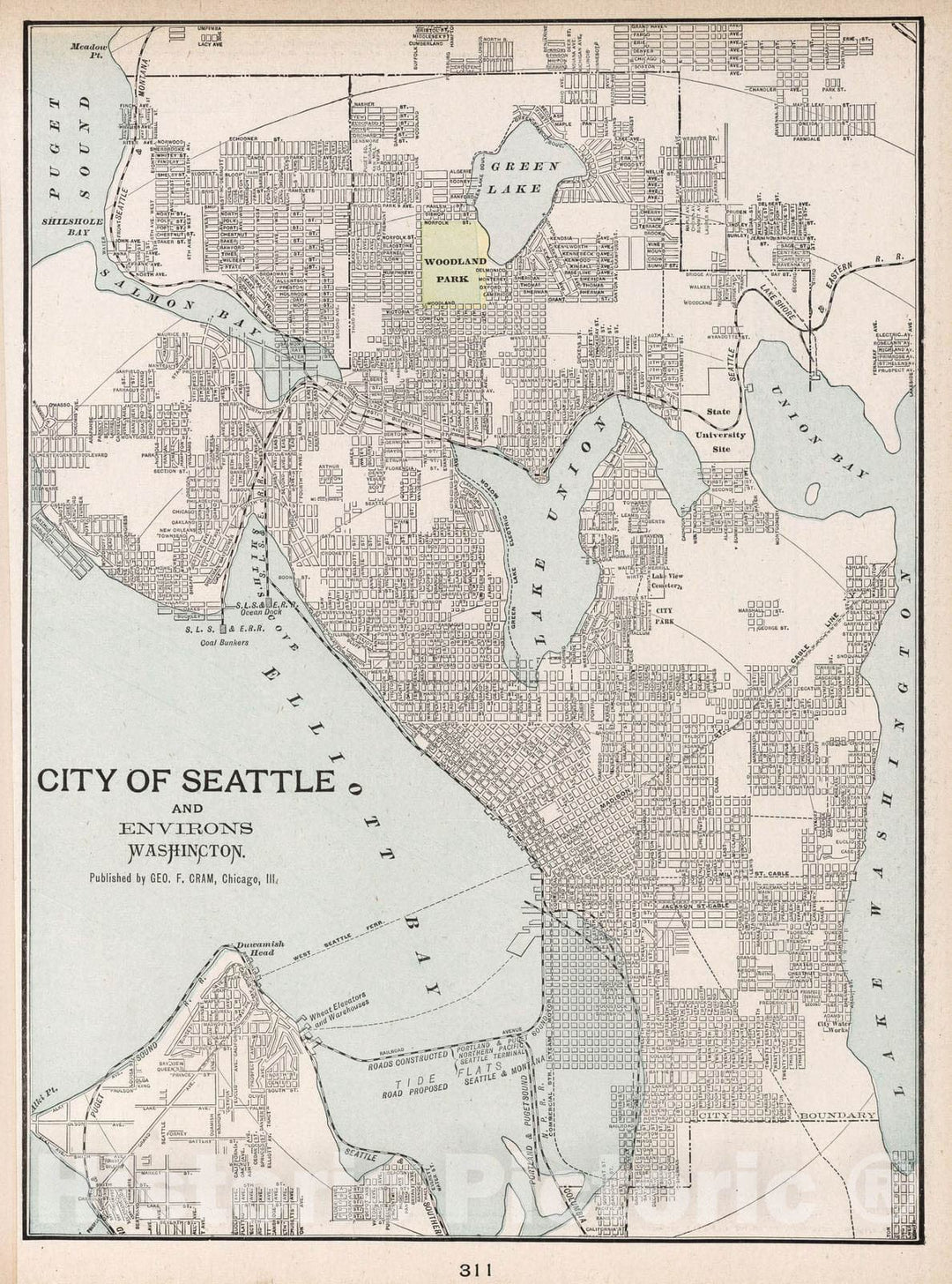 Historic Wall Map : 1901 City of Seattle and environs, Washington - Vintage Wall Art