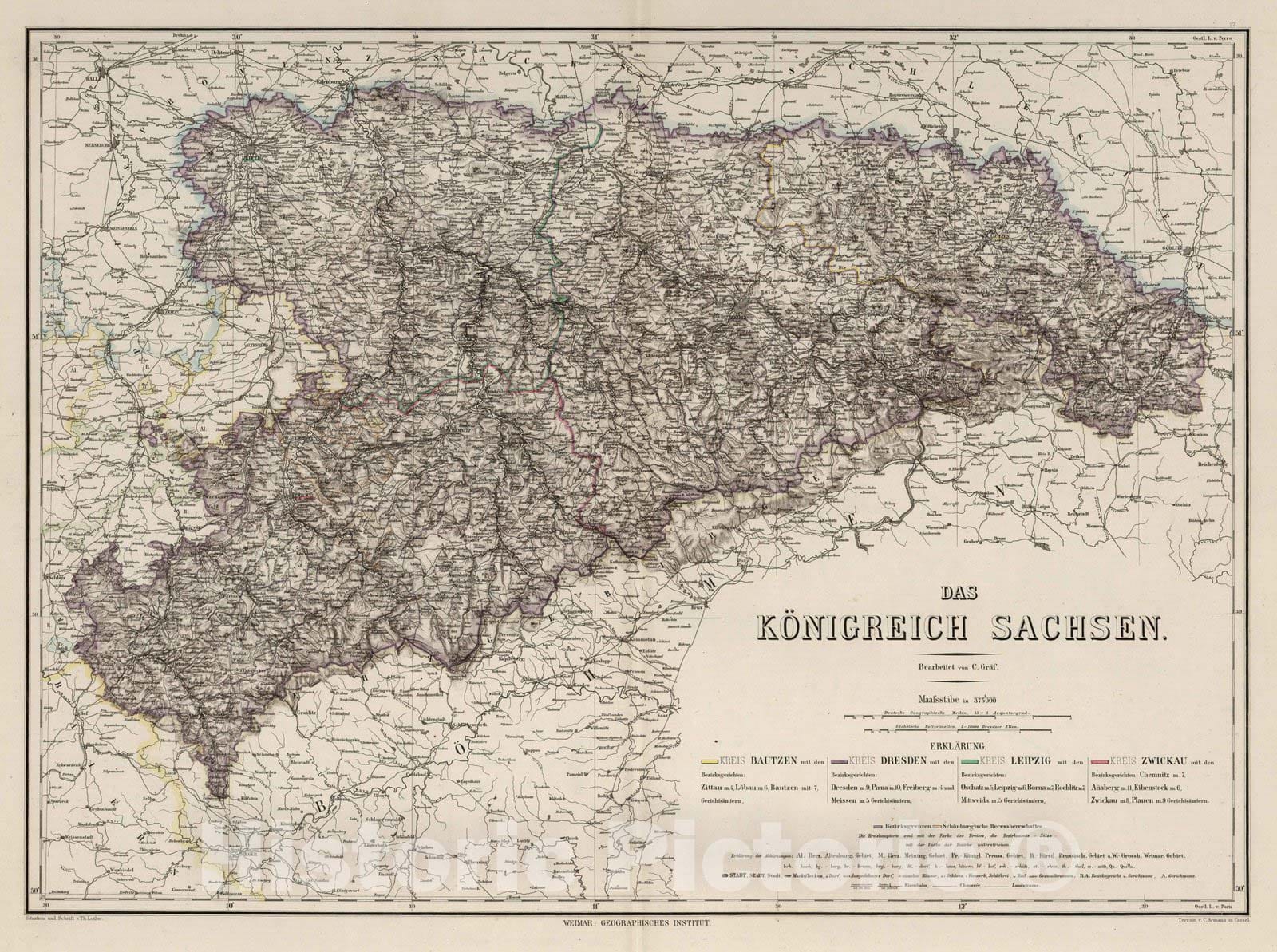 Historic Map : 1875 Kingdom of Saxony, Germany. - Vintage Wall Art