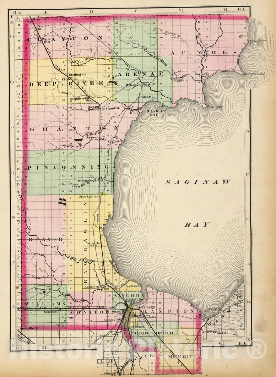 Historic Map : 1873 (Map of Bay County, Michigan) - Vintage Wall Art