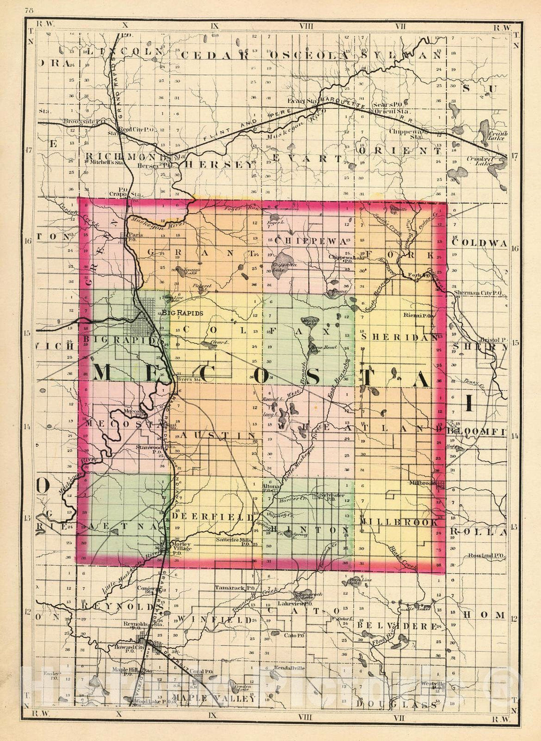 Historic Map : 1873 (Map of Mecosta County, Michigan) - Vintage Wall Art