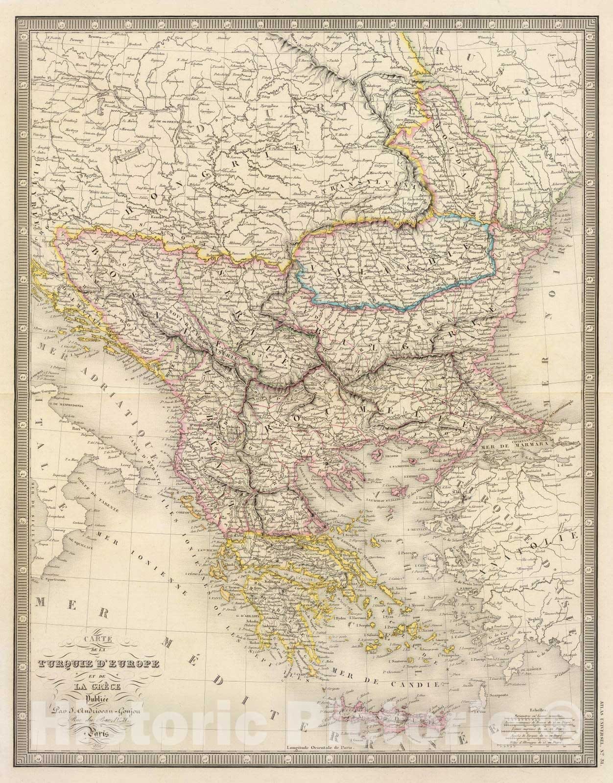 Historic Map : Greece; Turkey, Balkan Peninsula 1850 Turquie d'Europe, Grece. , Vintage Wall Art