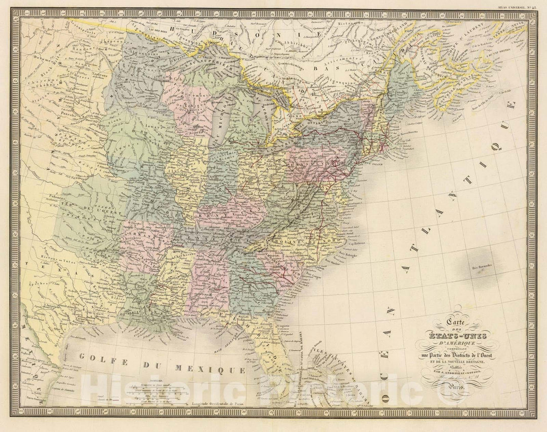 Historic Map : United States, 1850 Etats-Unis d'Amerique. , Vintage Wall Art