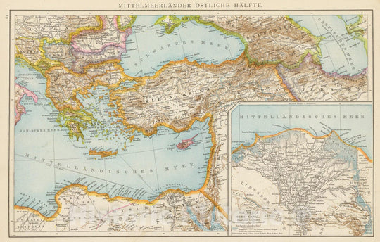 Historic Map : Egypt; Turkey, Mediterranean Region, Eastern Hemisphere 1881 Mittelmeerlander ostliche. , Vintage Wall Art