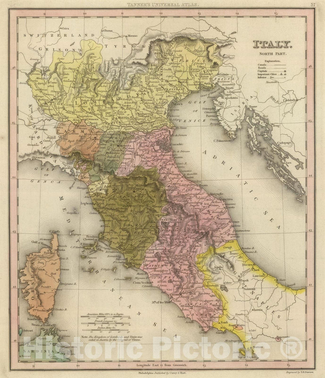 Historic Map : 1845 Italy. North Part. - Vintage Wall Art