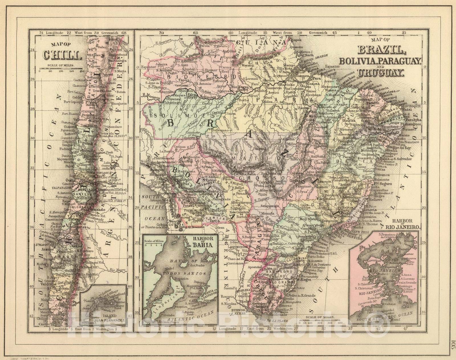 Historic Map : Brazil; Chile, , South America 1886 Brazil, Bolivia, Paraguay, Uruguay. v2 , Vintage Wall Art