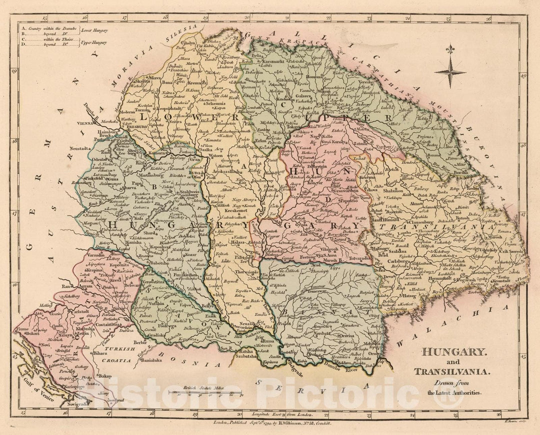 Historic Map : 1794 Hungary and Transilvania (Transylvania). - Vintage Wall Art