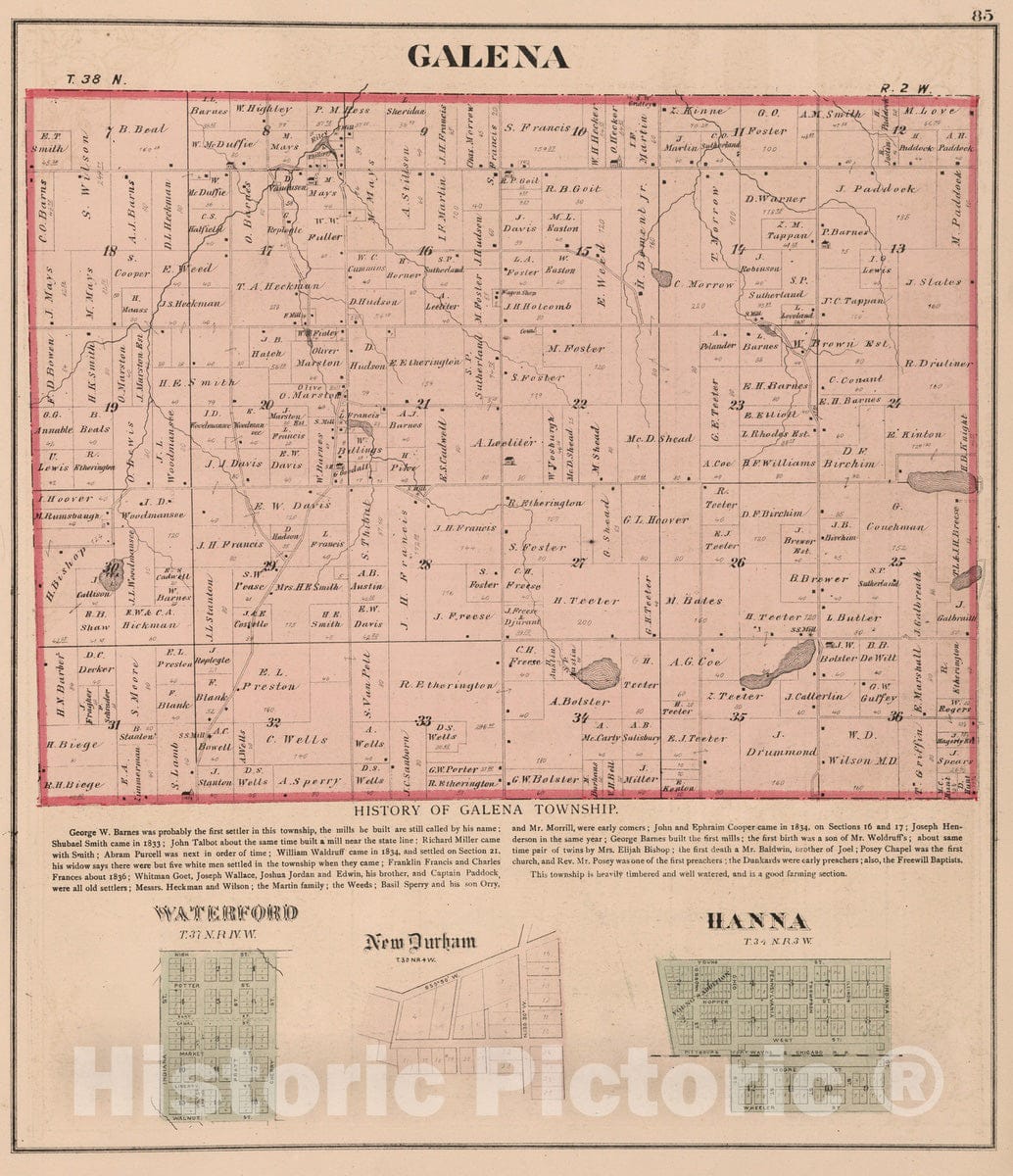 Historic Map : 1874 Galena Township, Laporte County, Indiana. Waterford. New Durham. Hanna. - Vintage Wall Art