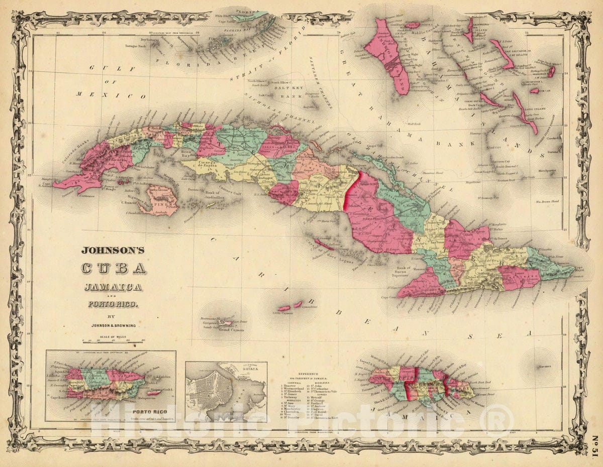 Historic Map : Cuba; Jamaica, , West Indies 1860 Cuba Jamaica And Porto Rico. , Vintage Wall Art