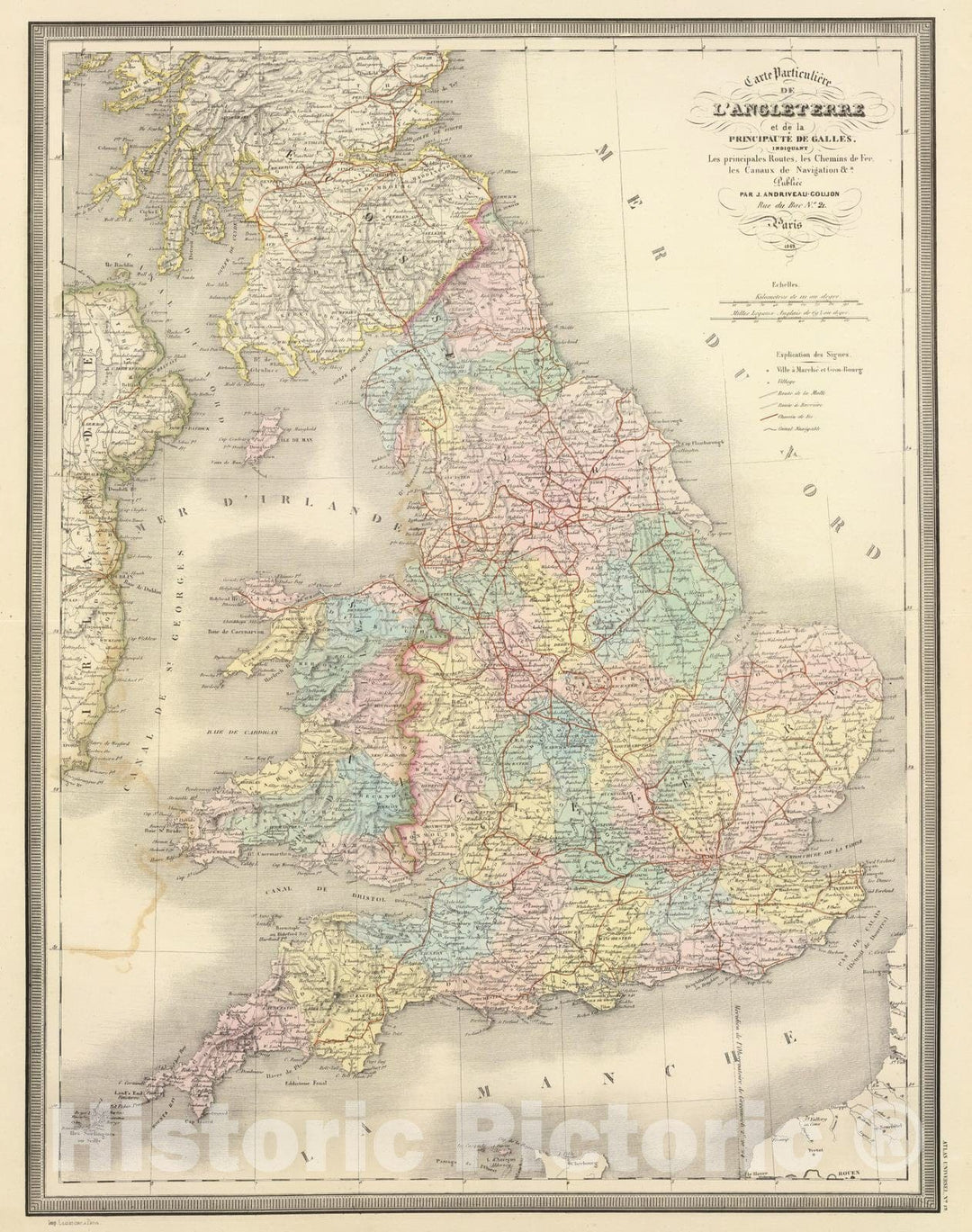 Historic Map : England; Wales, 1849 L'Angleterre, Galles. , Vintage Wall Art