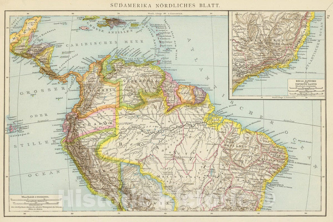 Historic Map : Brazil, , South America 1881 Sudamerika nordliches Blatt. , Vintage Wall Art