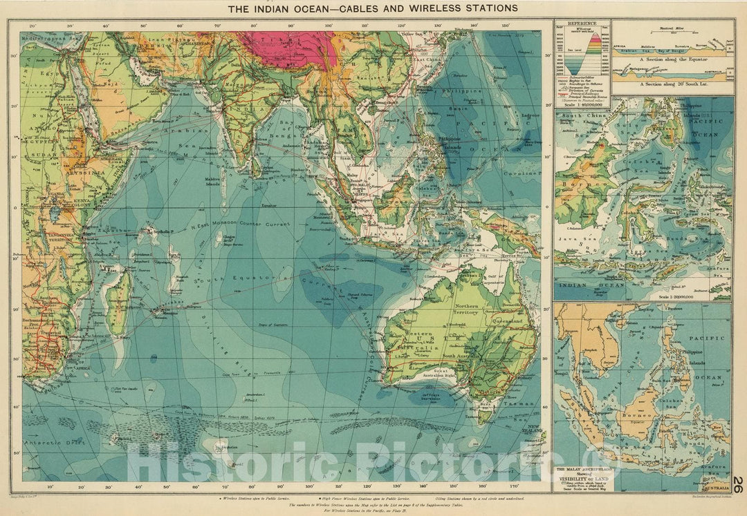 Historic Map : 1922 Indian Ocean cables, wireless stations. - Vintage Wall Art