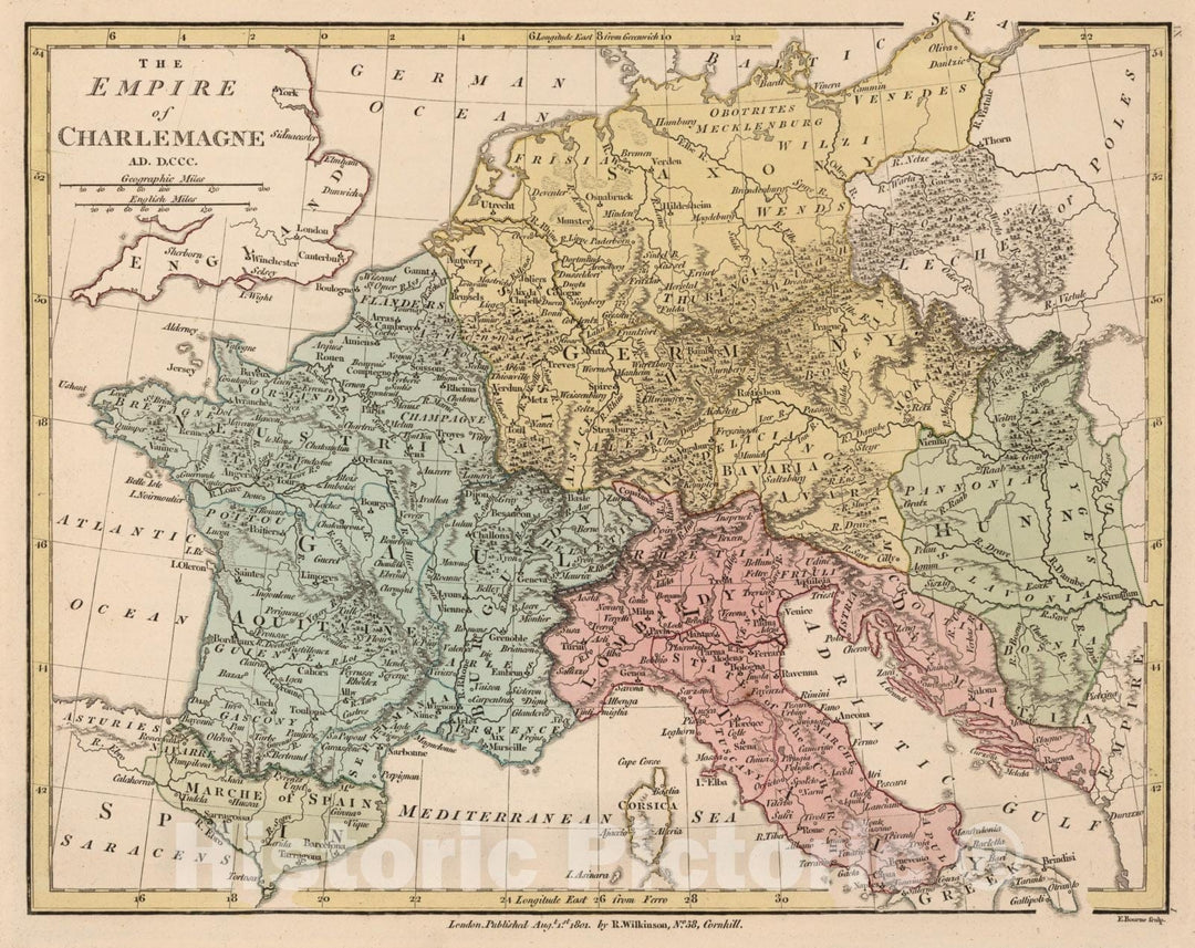 Historic Map : 1801 The Empire of Charlemagne, A.D. D,CCC (800 AD). - Vintage Wall Art