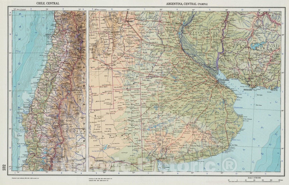 Historic Map : 1967 232. Chile, Central; Argentina, Central (Pampa). The World Atlas. - Vintage Wall Art