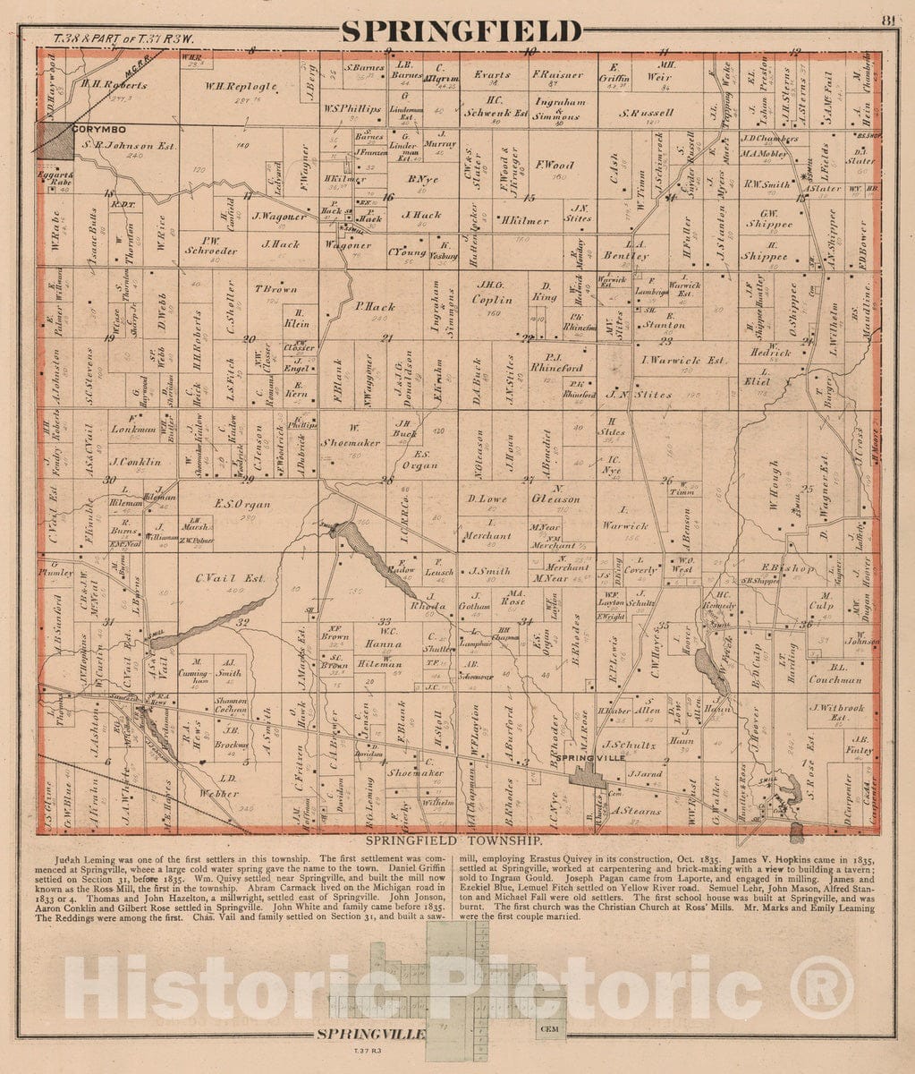 Historic Map : 1874 Springfield Township, Laporte County, Indiana. Springville. - Vintage Wall Art