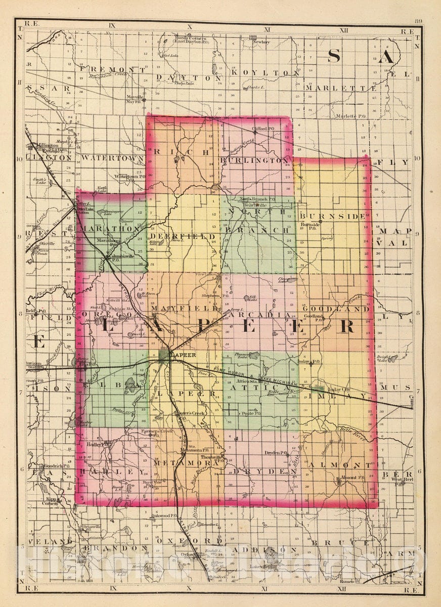 Historic Map : 1873 (Map of Lapeer County, Michigan) - Vintage Wall Art