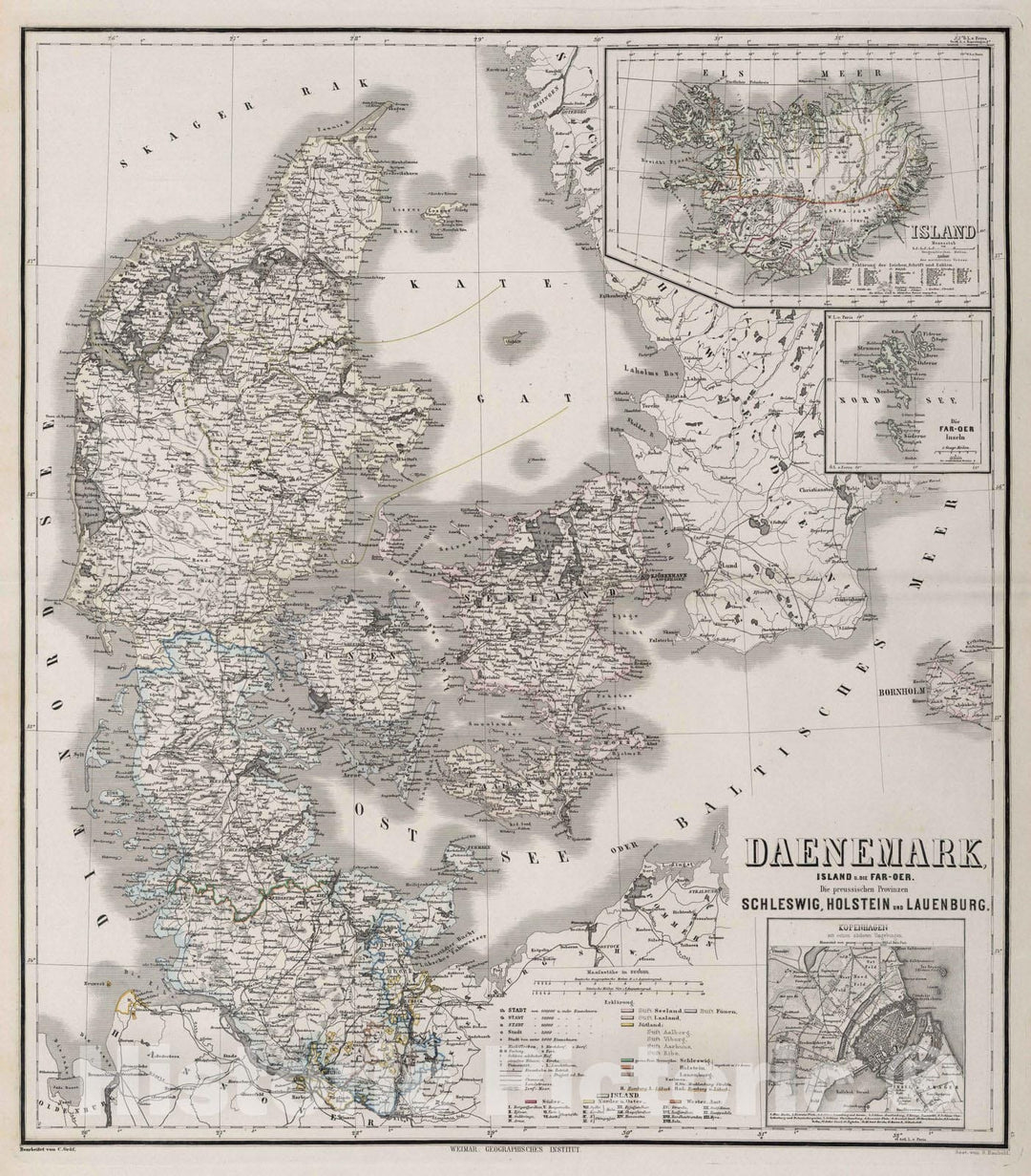 Historic Map : 1875 Denmark, Iceland, Faroe Island. Prussian Provinces Schleswig, Holstein and Lauenburg. - Vintage Wall Art