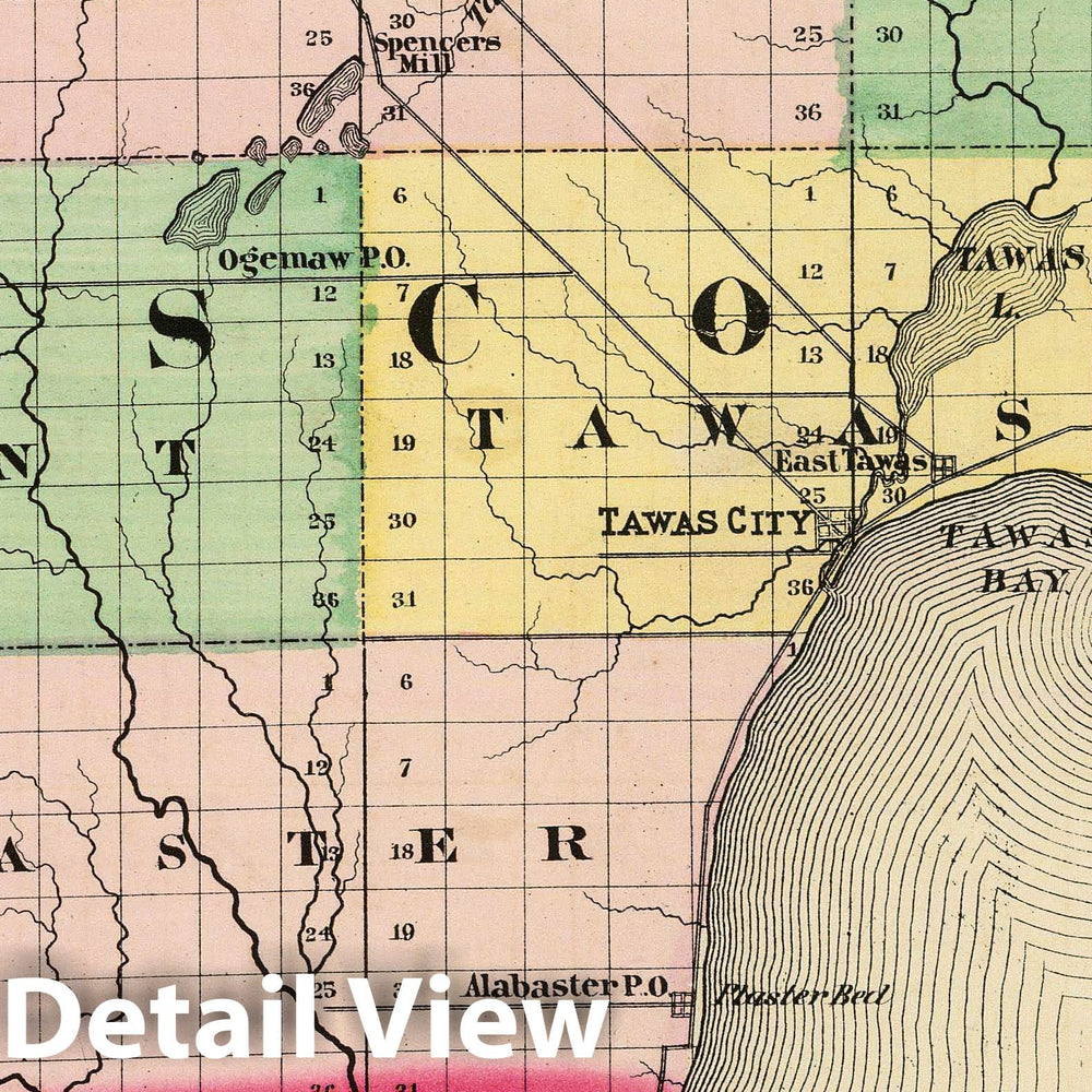 Historic Map : 1873 (Map of Iosco County, Michigan) - Vintage Wall Art