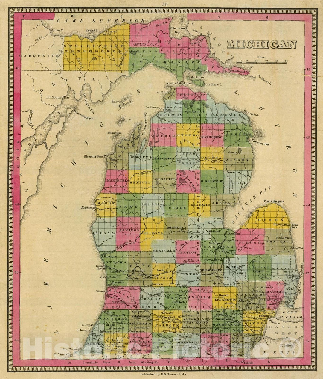 Historic Wall Map : 1845 Michigan. v1 - Vintage Wall Art