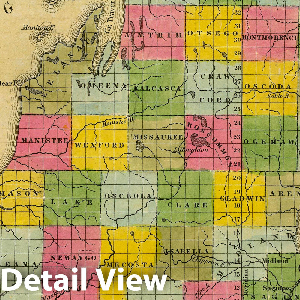 Historic Wall Map : 1845 Michigan. v1 - Vintage Wall Art