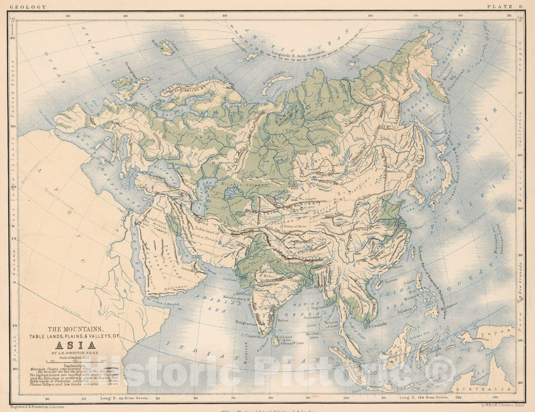 Historic Map : 1852 Mountains, Table Lands, Plains & Valleys of Asia - Vintage Wall Art