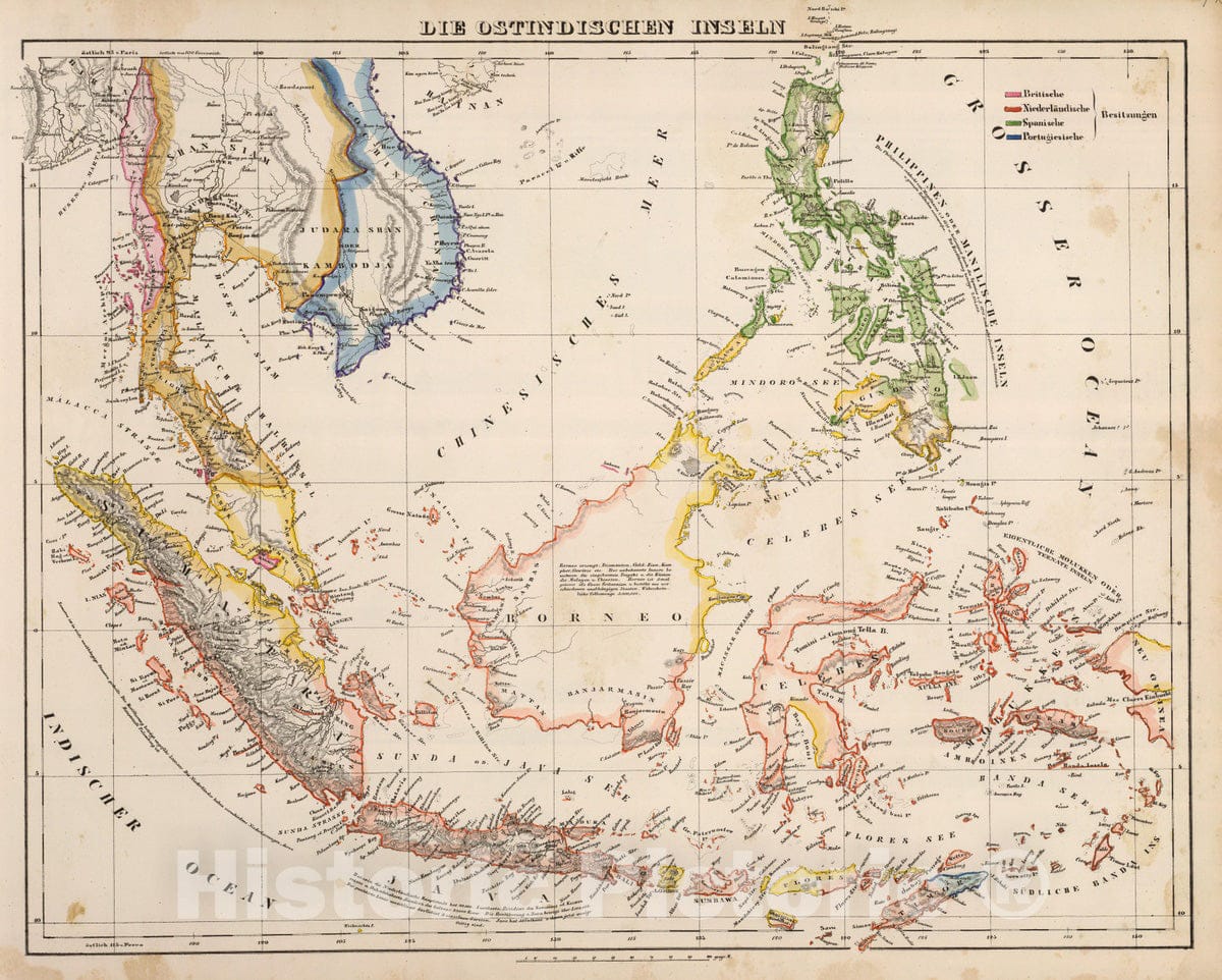 Historic Map : Indonesia; Philippines, Southeast Asia, East Indies 1855 Ostindischen Inseln. , Vintage Wall Art