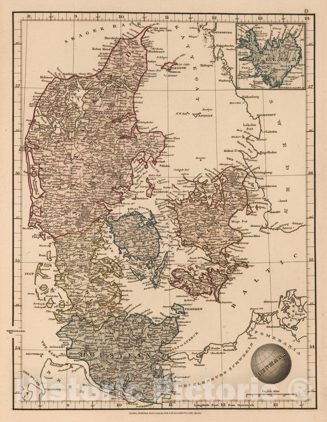 Historic Map : 1825 Denmark - Vintage Wall Art