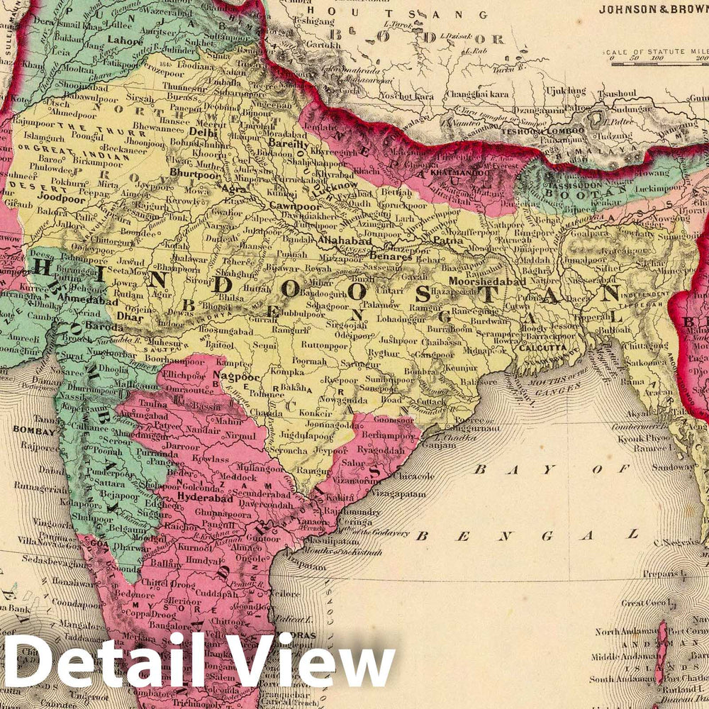 Historic Map : India; Thailand, 1860 Hindostan Or British India. , Vintage Wall Art