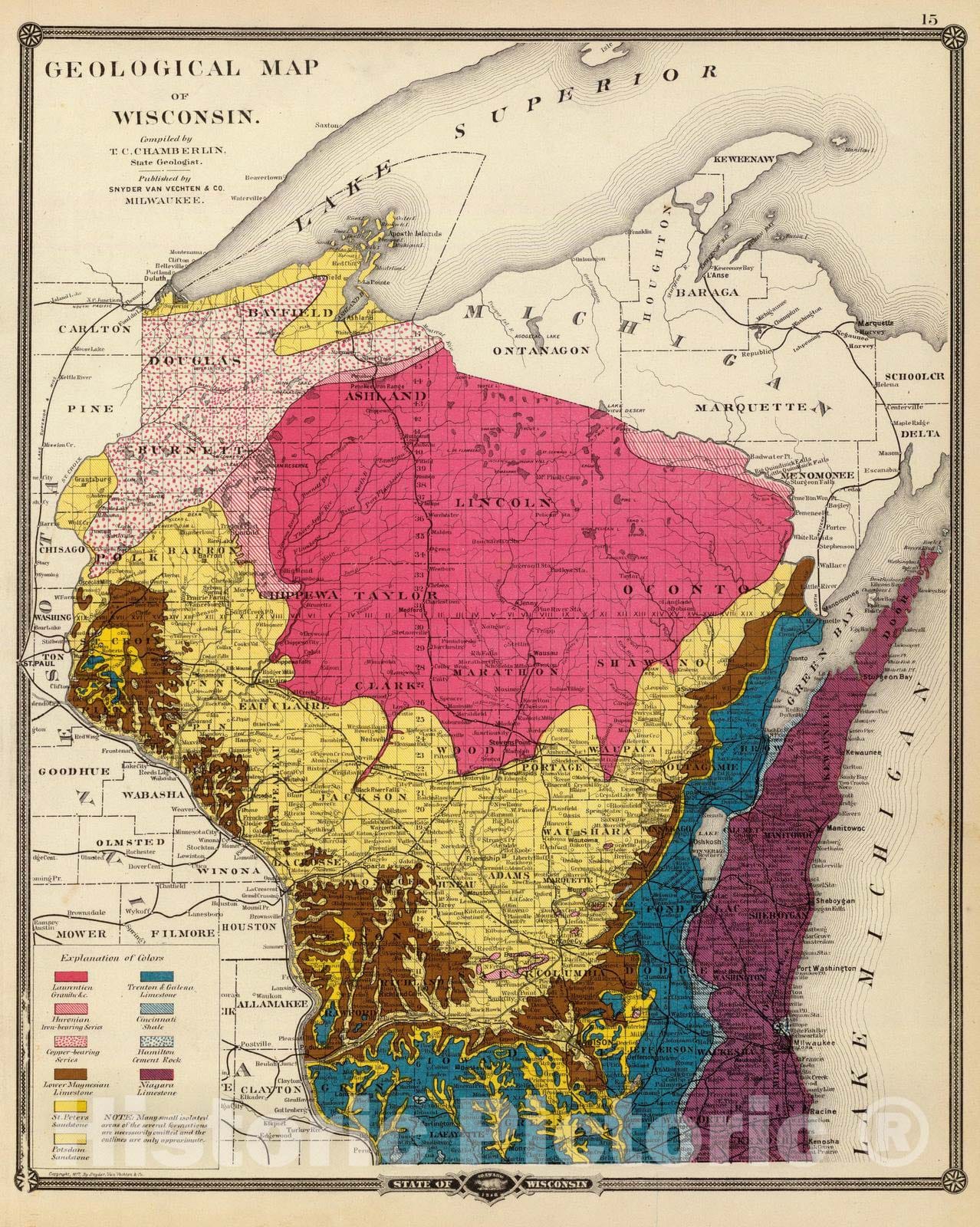 Historic Map : 1878 Geological map of Wisconsin. - Vintage Wall Art